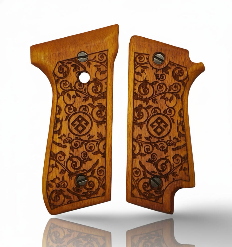 92 Early (Pre-F) Pistol Grip — Beech wood Honey Hand-engraved 3D pattern  — ZIB Grips