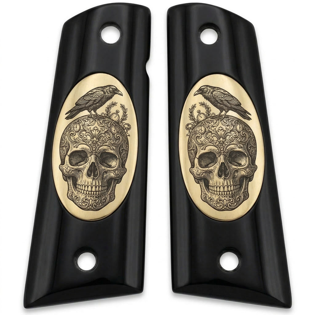 Colt 1911 Hardwood Grip — Raven Perched on Sugar Skull — ZIB Grips