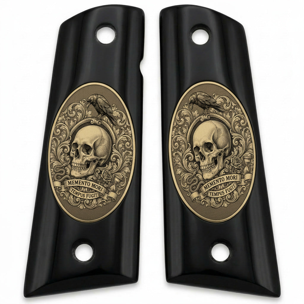 Colt 1911 Hardwood Grip — Baroque Vanitas — Skull with Raven, Hourglass, Rose — ZIB Grips