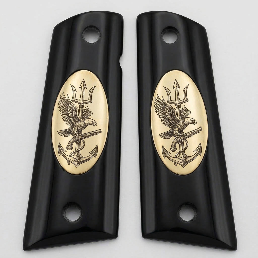 Colt 1911 Hardwood Grip — Navy SEAL Trident — Eagle, Anchor, Trident, Flintlock — ZIB Grips