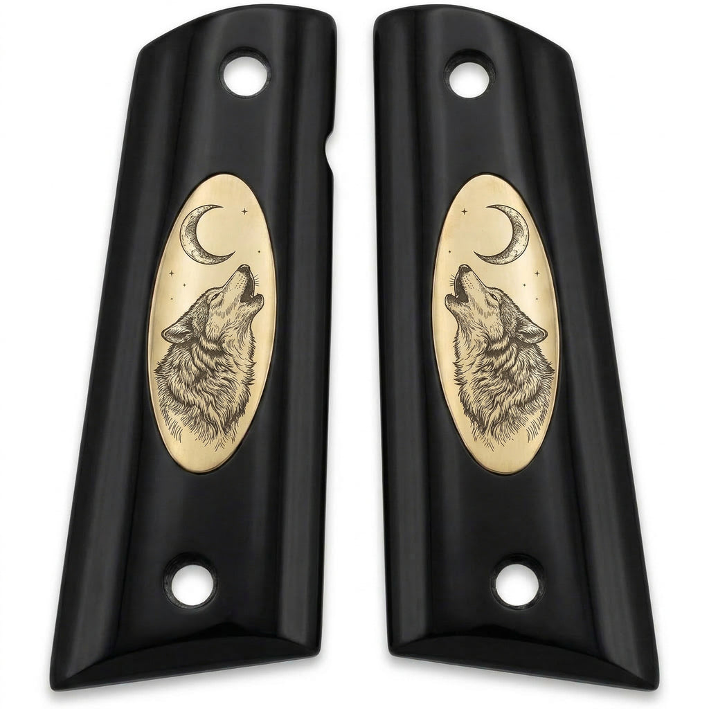 Colt 1911 Hardwood Grip — Howling Wolf & Crescent Moon — ZIB Grips