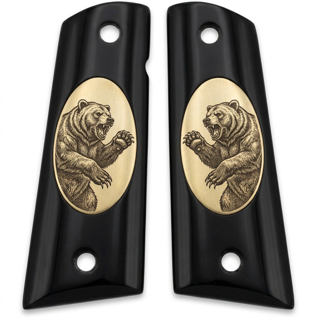 Colt 1911 Hardwood Grip — Roaring Bear with Claws Raised — ZIB Grips