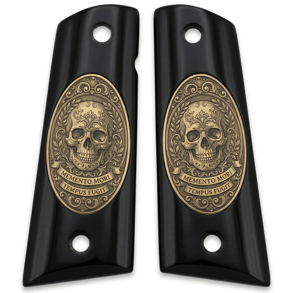 Colt 1911 Hardwood Grip — Memento Mori — Tempus Fugit Skull — ZIB Grips